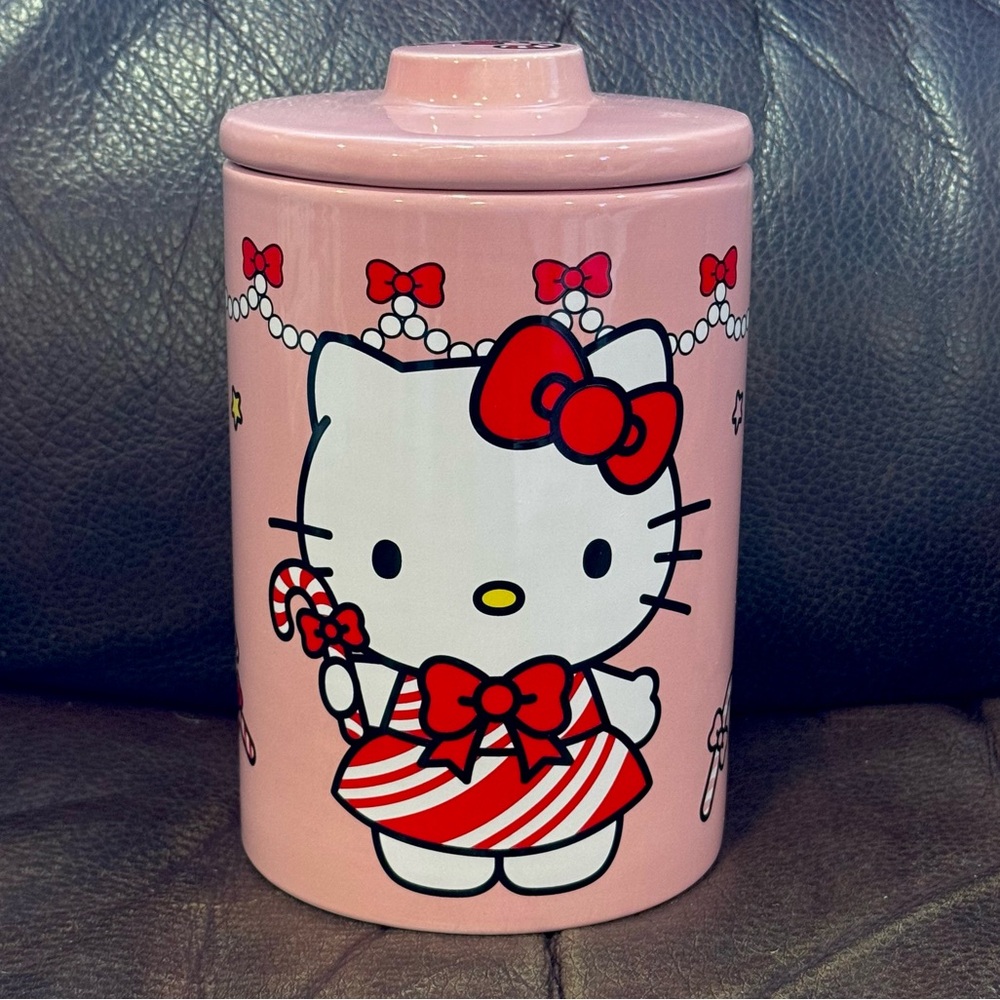 Hello Kitty in Peppermint Dress with Candy Cane Pink Christmas Canister